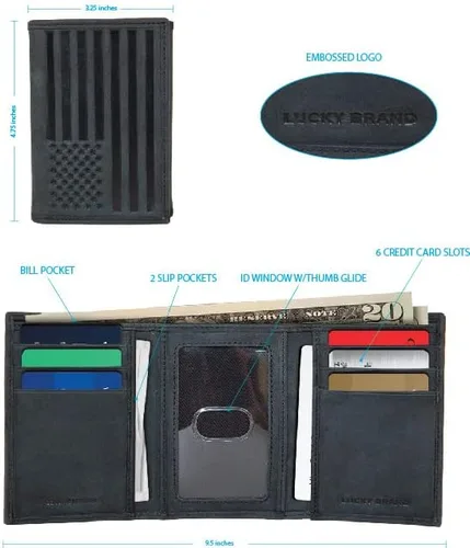 Vista 7 de Lucky Brand Bandera de cuero para hombre en relieve RFID Trifold