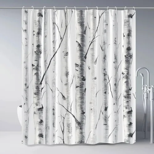 Vista 2 de Cortina de ducha con diseño de abedul, acuarela, gris, blanco, moteado, tronco, rama de árbol, naturaleza, rústico, granja, al aire libre, tela