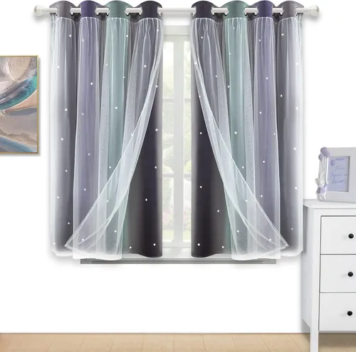Vista 23 de Cortinas opacas con recorte de estrellas y arcoíris para guardería/habitación de niños/niñas, con superposición de tul, 2 paneles, cada una de 52