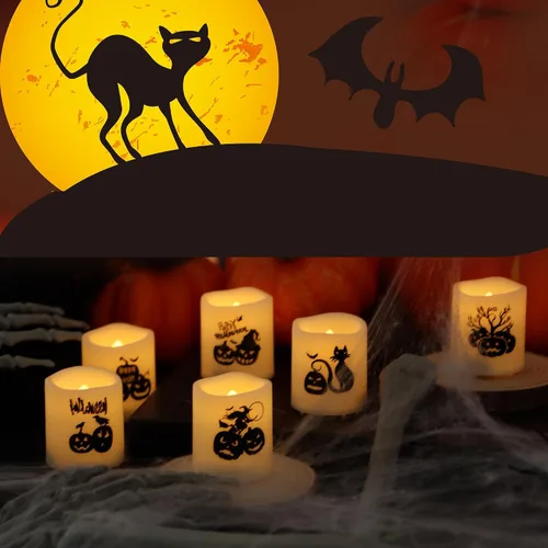 Vista 3 de Velas votivas sin llama con temporizador, luces LED con temporizador automático de ciclo diario integrado, calcomanías de calabaza para decoraciones