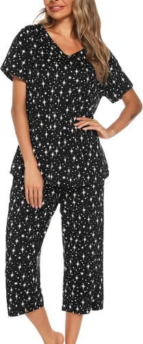 Vista 22 de ENJOYNIGHT Conjuntos de pijama de algodón para mujer, pijamas de verano con pantalones capri, ropa de dormir Gato negro