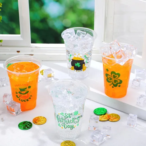 Vista 4 de JOYIN 72 vasos de plástico de 16 onzas para el día de San Patricio, vasos desechables verdes a granel con 4 patrones de caldero de trébol