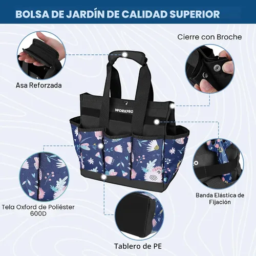 Vista 5 de WORKPRO Bolsa de herramientas de jardín, bolsa Oxford resistente de 9 bolsillos, soporte para kit de herramientas de jardinería, 12 x 12 x 6