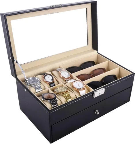Vista 5 de Autoark Caja de joyería de cuero para 6 relojes y 9 piezas de almacenamiento para lentes y lentes de sol organizador de caja con bloqueo negro AW-048