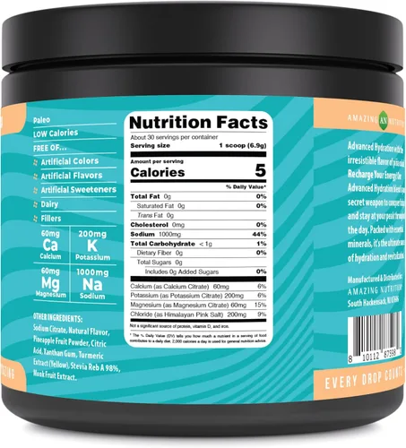Vista 2 de Amazing Nutrition Hidratación avanzada, polvo de electrolitos, 30 porciones, empaquetado con minerales esenciales, sin azúcar, apto para dieta