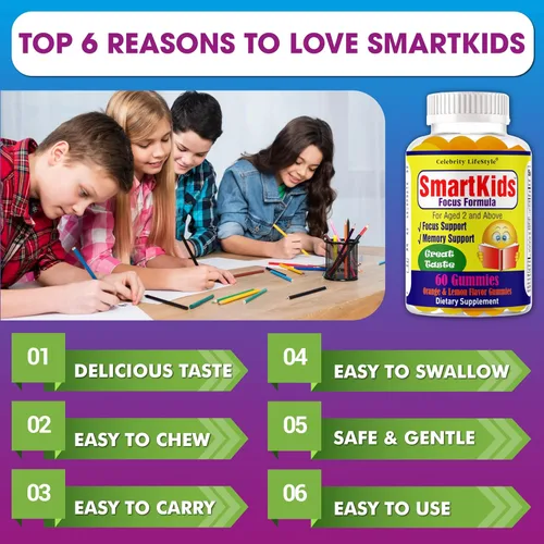 Vista 3 de SmartKids - Gomitas de refuerzo cerebral para niños y adolescentes, suplemento cerebral, vitaminas en gomitas para niños con enfoque cerebral, DHA