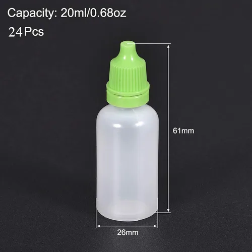 Vista 2 de [24 botellas de plástico con cuentagotas de 0.68 onzas líquidas, con tapa verde, botellas de gota de líquido exprimibles vacías para disolventes