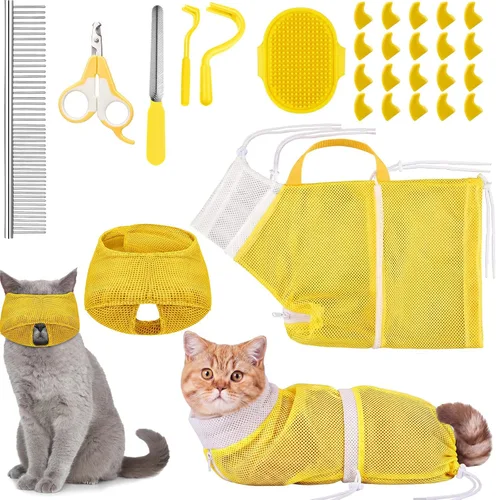 Vista 9 de Juego de 9 Piezas de Bolsa de Baño para Gatos, Bolsa de Ducha para Gatos Anti Mordeduras y Arañazos para Aseo de Mascotas, Cepillo de Lavado, Peine