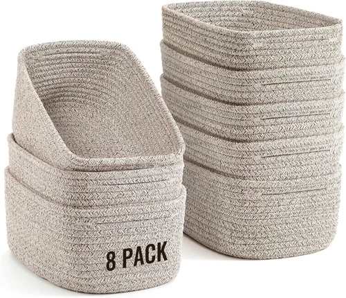 Vista 9 de Paquete de 8 cestas de almacenamiento pequeñas para organizar, cubos de cuerda tejida para baño, armario, organizador de estantes, bonita caja Negro