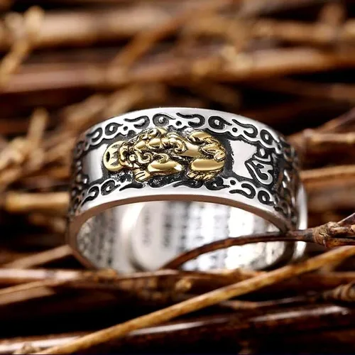 Vista 6 de Gossiribbn Anillo ajustable Feng Shui PiXiu de plata 990, anillo de mantra Feng Shui Pixiu para hombres y mujeres, anillo ajustable Feng Shui PiXiu