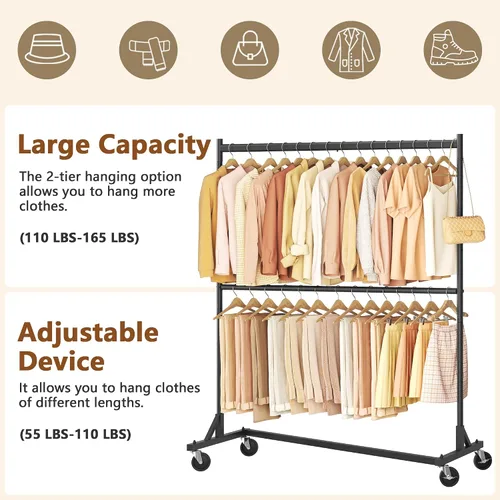 Vista 8 de Hoctieon Estante de doble barra Z, estantes de ropa rodantes con base en Z, perchero ajustable para ropa, perchero de pie para ropa de pie, perchero
