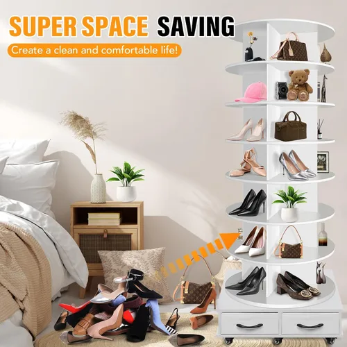 Vista 6 de Torre de estante giratorio para zapatos de 8 niveles contiene 2 cajones, Estante giratorio para zapatos Display Lazy Susan, Estantes giratorios