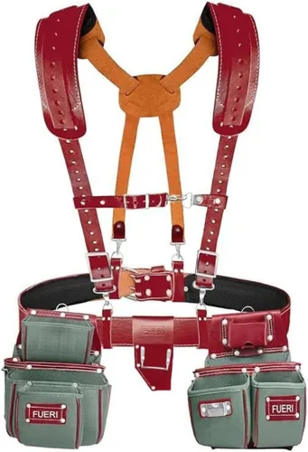Vista 13 de Cinturón de herramientas de cuero chocolate para hombres con funda de doble martillo, viene con bolsas de herramientas, cinturón no acolchado