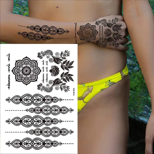 Vista 8 de 6 hojas de tatuajes temporales de henna negra para mujeres y niñas, calcomanías de tatuaje falsas de encaje, misterioso, sexy, mandala, flor, diseño