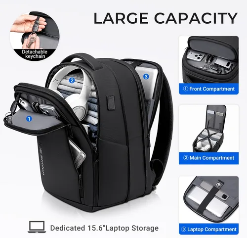Vista 3 de Mochila de viaje para laptop expandida, Negro, Grande, Mochila expandida Travel-Friendly, Interior Compression Straps, Water-Resistant 1800D
