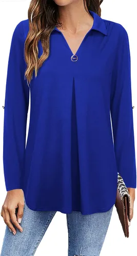Vista 3 de VALOLIA Camisas enrollables de manga 34 para mujer, cuello en V, estilo casual, blusas sueltas de trabajo