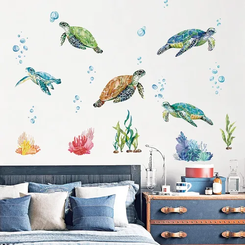 Vista 4 de decalmile Calcomanías de pared de tortugas marinas bajo el mar, calcomanías de pared de algas marinas, decoración de pared para dormitorio, baño