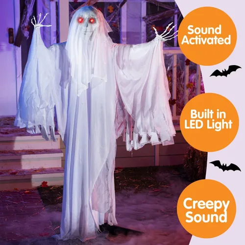 Vista 4 de JOYIN Decoraciones de Halloween de 67 pulgadas para exteriores, decoración de fantasmas animatrónicos de tamaño real, esqueleto activado por sonido