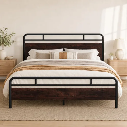 Vista 14 de Allewie Base de cama de plataforma de tamaño completo con cabecera y pie de cama de madera, soporte de 13 listones de metal resistente Roble negro