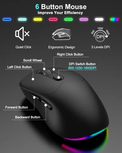 Vista 6 de Combo de teclado y mouse inalámbricos, 7 efectos retroiluminados, letras iluminadas, recargable, soporte para teléfono, mouse de 6 botones, ángulo