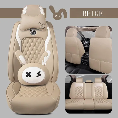 Vista 2 de Juego de fundas para asiento de lindo conejito, 5 piezas con cuero PU impermeable para autos, SUV, camionetas, ajuste universal (Beige)