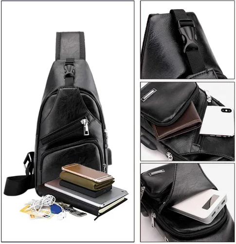 Vista 4 de Seoky Rop Bolso bandolera pequeño de cuero para hombre, bolso bandolera con puerto de carga USB, Negro -, Mochilas Sling