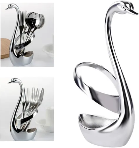 Vista 3 de Soporte de cuchara de café Swan, soporte creativo de cuchara de acero inoxidable, tenedor de comida de frutas, cuchara, cuchillo, base de cisne