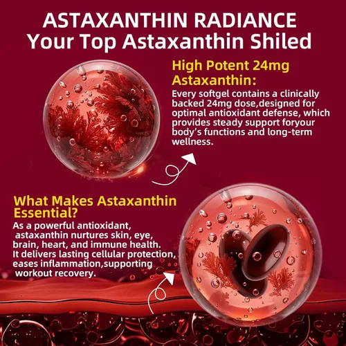 Vista 6 de Astaxantina 24 mg, suplementos antioxidantes de astaxantina premium con aceite MCT, Ashwagandha, apoya los ojos, la piel, inmune, circulación