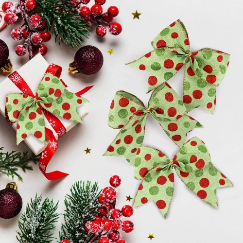 Vista 3 de DIYDEC 12 lazos ornamentales de Navidad de 6.3 pulgadas, lazos grandes para corona de Navidad, rojo y verde, lazos para árbol de Navidad con puntos