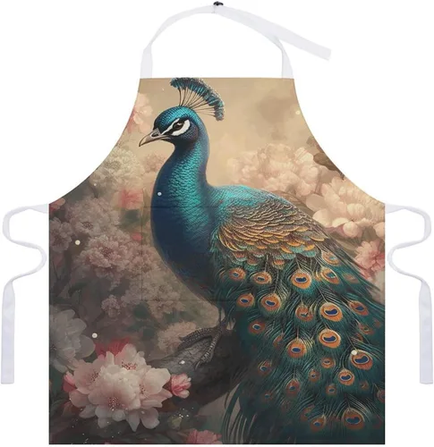 Vista 7 de MUSM Apron for Adults - 27.6 X 31.5 Inch, Heavy-Duty Polyester Aprons with Two Large Pockets, Waterproof Oriental Peacock Pattern Kitchen Apron for