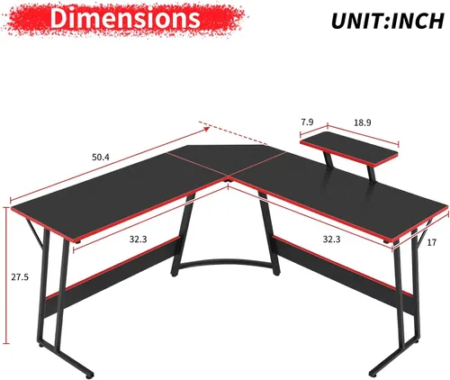 Vista 2 de Escritorio para juegos en forma de L con gran escritorio y espacio de almacenamiento, ideal para estudiar, trabajar y jugar, patas ajustables e Negro