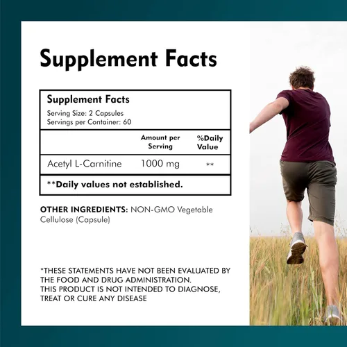 Vista 3 de Acetil L-carnitina 1,000 mg de alta potencia apoya la producción de energía, nutrición deportiva, apoya la memoria/enfoque - 120 cápsulas vegetales