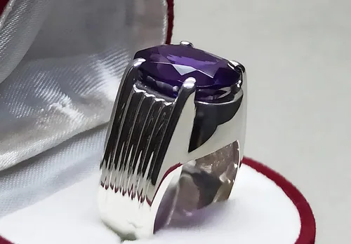 Vista 3 de Oval Cut 12 Carat Deep Purple Amethyst Mens Plain Ring Sterling Silver 925 Handmade Amethyst Ring Gift for Him
