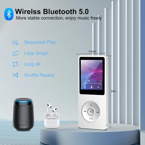 Vista 2 de Reproductor de MP3 con Bluetooth 5.0, pantalla de 1.8 pulgadas, reproductor de música portátil con altavoz HD, música de alta fidelidad compatible