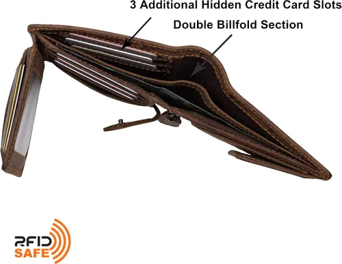 Vista 6 de Billetera de cuero para hombre con cierre de moneda con cierre RFID, Bugatti Bronceado, Cartera de cuero para hombre de tamaño completo
