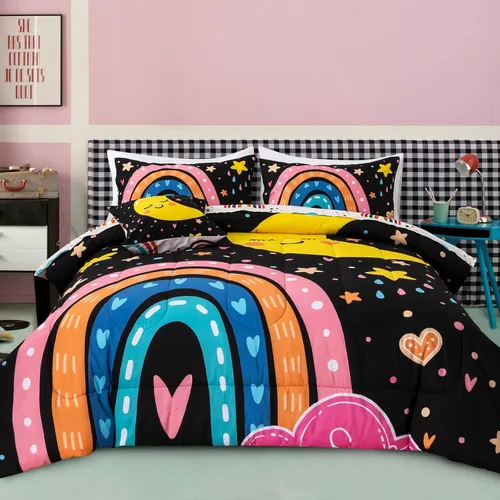 Vista 4 de A Nice Night Juego de ropa de cama de 6 piezas de arcoíris de dibujos animados con luna sonriente impresa para niños y niñas, juegos de edredón