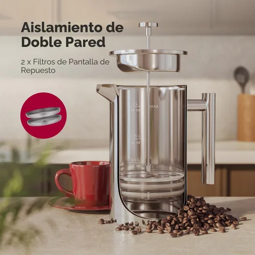 Vista 3 de Prensa francesa de doble pared, de acero inoxidable, con acabado de espejo (34 oz) 20% más resistente para café/té: Sistema multipantalla 100% sin