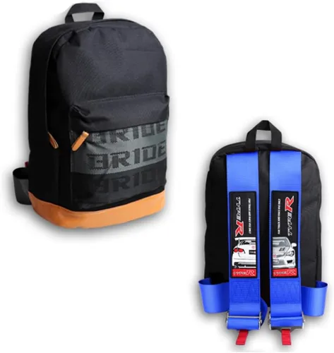 Vista 24 de W-POWER JDM Bride Racing Mochila de viaje para laptop con parte inferior marrón con correas de arnés ajustables (ASIMO-BK)