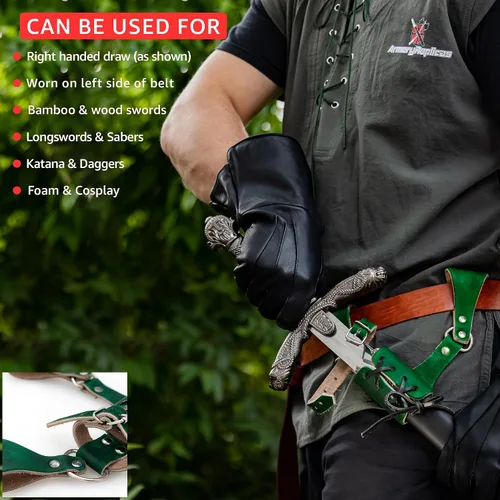 Vista 65 de Armory Replicas™ - Rana espada de cuero hecha a mano – Disfraz medieval LARP hebilla ajustable y cinturón de arma con cable soporte