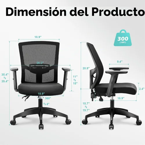Vista 3 de ALPHA HOME Silla de oficina ergonómica, silla de computadora de malla con respaldo medio con soporte lumbar, taburete ejecutivo con reposabrazos