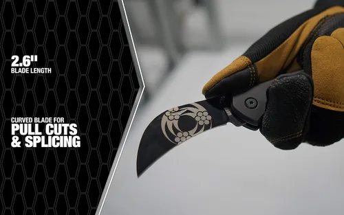 Vista 5 de Southwire Cuchillo plegable Hawkbill - Hoja curvada para cortes de tracción y empalme - Cuerpo de metal resistente - Acero inoxidable - Mango