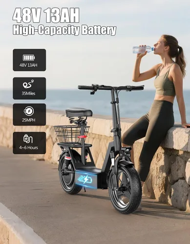 Vista 5 de Electric Scooter Adults with Seat, 1000W Peak Motor, 35 Miles Range, 25MPH Top Speed, 14" Foldable E-Scooter with Seat and Basket for Cargo, Dual