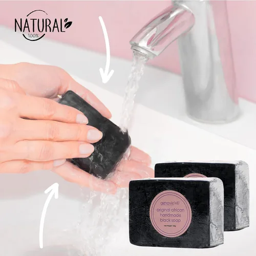 Vista 5 de genovie MD Jabón negro africano original, barra de jabón facial y corporal para mujeres, jabón negro para el acné, lavado de piel seca y piel