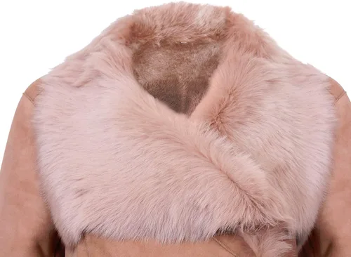 Vista 4 de Infnity Leather Abrigo de piel de oveja de merino de ante beige cálido con cuello Toscana