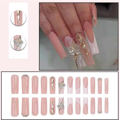 Vista 6 de Uñas postizas francesas a presión, uñas postizas largas de acrílico con forma de ataúd de cobertura completa, uñas postizas de bailarina