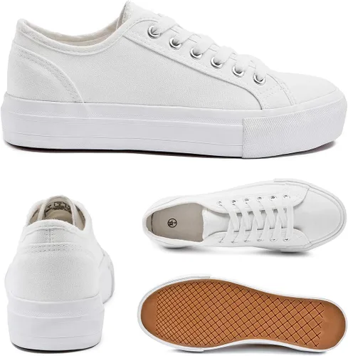 Vista 3 de Tenis de plataforma blanca para mujer, zapatos de tenis con plataforma negra, zapatos casuales con cordones, zapatos planos de lona para caminar
