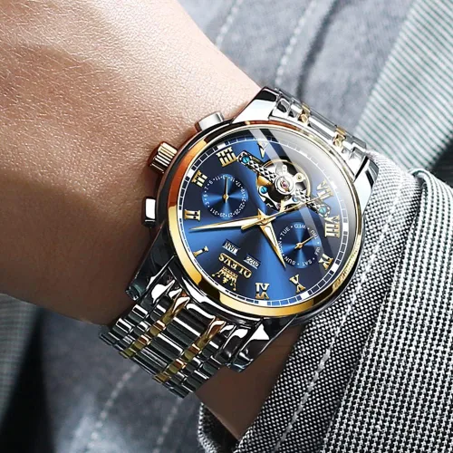 Vista 6 de OLEVS Reloj automático para hombre, cuerda automática, mecánica, de lujo, de acero inoxidable, multicalendario, impermeable, luminoso, reloj