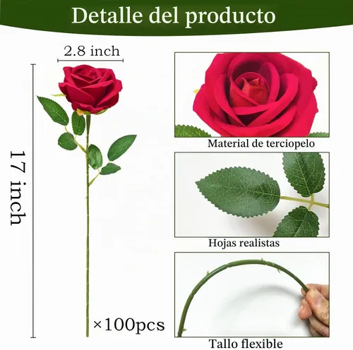 Vista 3 de 100 rosas artificiales rojas a granel, ramo de rosas artificiales de seda de terciopelo con tallos para decoración de bodas, flores falsas
