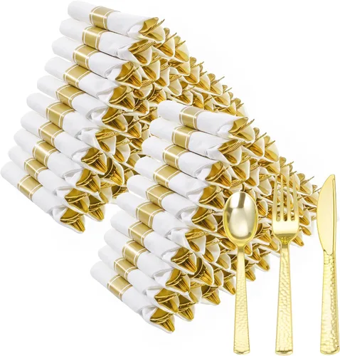 Vista 12 de Goodluck 100 Pack Pre Rolled Gold Plastic Silverware, Wrapped Cutlery