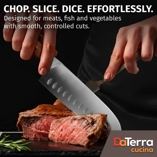 Vista 6 de DaTerra Cucina - Cuchillo Santoku de 7 pulgadas - Cuchillo de cocina profesional de acero alemán con mango ergonómico de palisandro, afilado